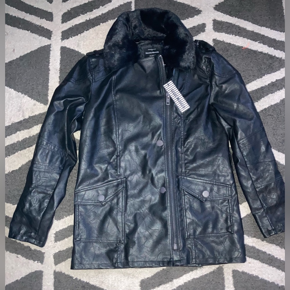 Haute Monde black leather jacket with hidden faux fur collar